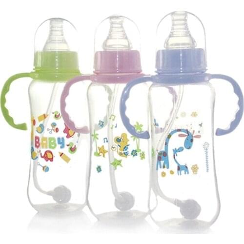 280ml Baby Bottle Kids Cup Children Training Cups Cute Baby Drinking Water Straw Handle Feeding Bottle Color Random