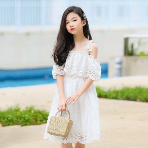 Childrens Dress 2021 Summer New Strap Cut Out Lace Dress Korean White Girls Dress Kids Clothes