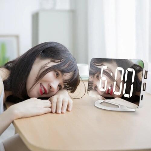 LED Mirror Alarm Clock Digital USB Table Wake Up Automatic Adjust Light Snooze Clocks Electronic Large Time Display Home Decor