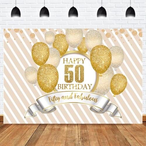 Happy 50th Birthday Party Backdrop Fifty and Fabulous Birthday Golden Balloons Photo Background for Adult Stripes Photobooth