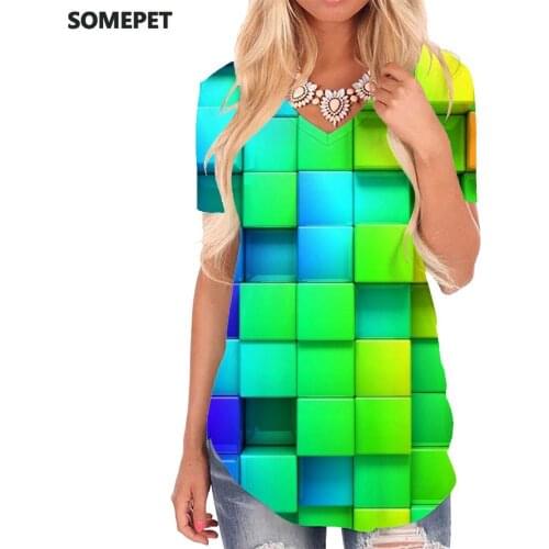 SOMEPET Rainbow T-shirt women Colorful V-neck Tshirt Cube Funny T shirts Geometry Tshirts Printed Womens Clothing Hip hop Cool