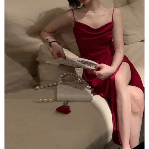 LMQ NEW Women Sleeveless One Shoulder Snug Sling Split Dress Slim Sexy High-Quality Satin Skirt Vacation Beach Party Hot Sale