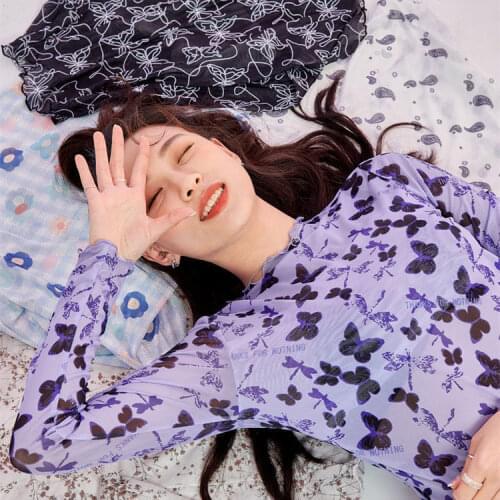 2021 Summer New Sunscreen Clothing Women 's Bottoming Mesh Long-sleeved Bottoming T-shirt Round Neck Shirt Tops y2k