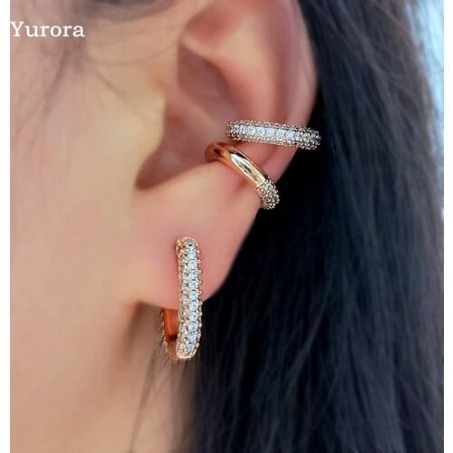 Charms Hoop Earrings set For Women Full Zircon Stone Rose Gold Ear Cuffs Clip On Earring piercing Cool stuff Fashion Jewelry set