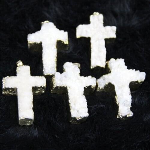 Thanksgiving Gifts! Plated White Color Druzy Stone Drusy Quartz Drop Pendant Cross Necklace Pendant On Sell 4pcs/lot