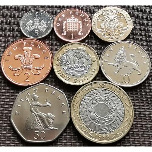 Full Set 8 Pcs UK 1-2-5-10-20-50pence-1-2pound Coin Queen Edition 100% Real Original Coins Genuine Collection Coins Unc