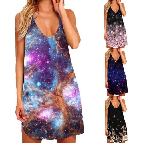 Sexy Women Sundress Starry Sky Floral Print Backless Hollow Out Halter Loose Mini Dress Party Beach Sundress 2021 Women Clothes