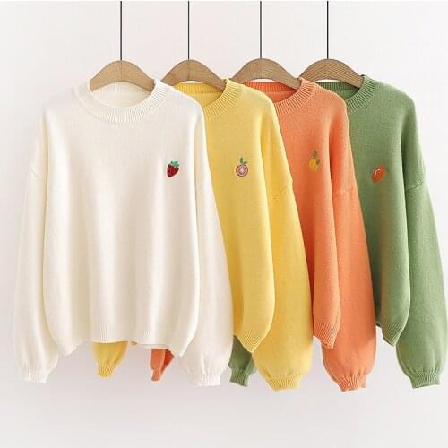 Sweet Fruit Embroidered Sweater Autumn Winter New Womens Long-sleeved Bottoming Sweater Loose Korean Lazy Knitted Top GD491