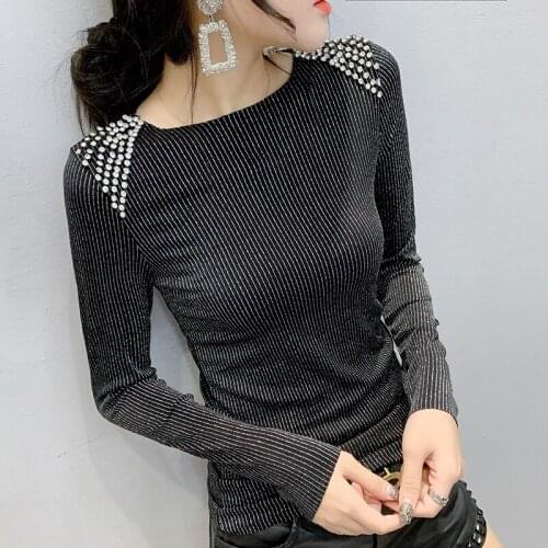 Spring and Autumn WOMENS Dress New Style Fashion Slim Fit Industrial Beads Crew Neck Long-sleeved T-shirt