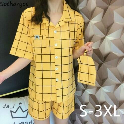 Pajama Sets Women Turn-down Collar Plaid Geometric Korean Style Home-wear Simple Loose Plus Size 3XL Female Trendy Comfortable