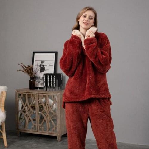 Ladies Pajamas Set Coral Fleece Pajamas Women Autumn and Winter Hooded Pajamas Pajamas Two-Piece Suit Thickened Home Service