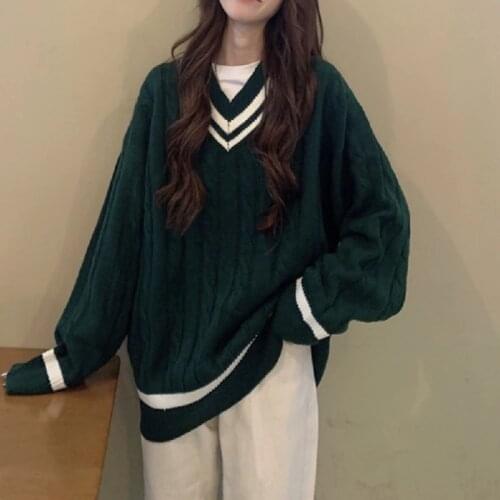 Retro Color Matching Sweater Womens Autumn And Winter New Loose Pullover Languid Long Sleeve Sweater