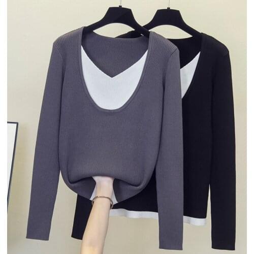 4XL plus size women Oversized Patchwork sweater pullover autumn winter 2021 long sleeve v neck Patchwork kintting jumper