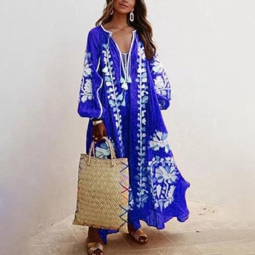 2020 Autumn Bohemian Printed Dress Women Vintage Deep V Neck Lantern Sleeve Ethnic Floral Print Loose Casual Fashion Long Dress