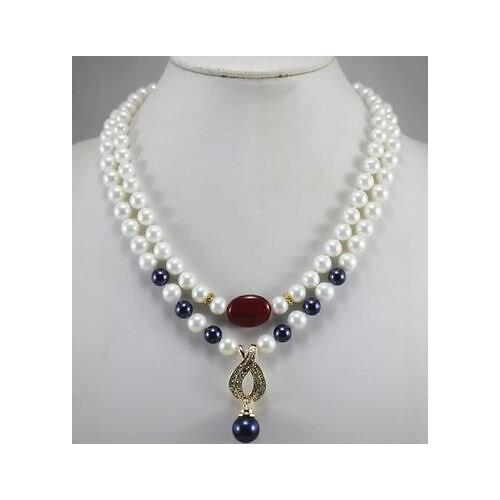 2 Rows 8mm White & Dark Blue Shell Pearl+14mm Crystal Plated Pendant Necklace