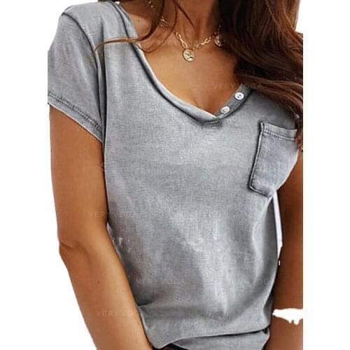 2021 Women Summer Tops Casual VNeck Short Sleeve Basic Tshirts Female Solid Color Button Tee Pocket T-Shirt Roupas Femininal