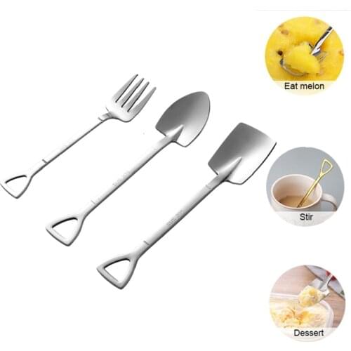 3pcs Retro shovel coffee spoon and Fork Ice cream Metal spoon Bar stainless steel dessert Spoons Set Party Gift Funny Talbware