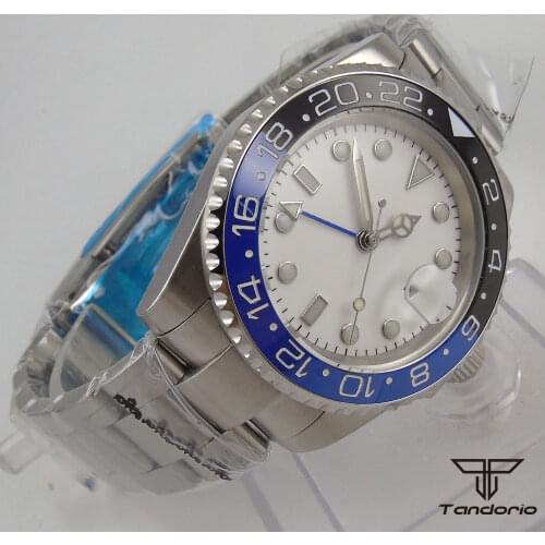 40mm Automatic Mens Watch GMT Function White Dial Sapphire Date Bezel Insert Strap Screw In Crown