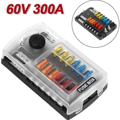 60V 300A Block & Warning Indicator 6/12 Ways Blade Fuse Block Fuse Box Holder For Auto Car Marine Trike Plastic Cover