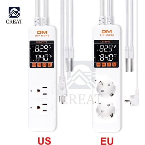 DM-808TT Digital Dual Temperature Controller Socket Outlet Dual Sensor Heating Cooling 10A 110V 220V Thermostat for Heating Pad