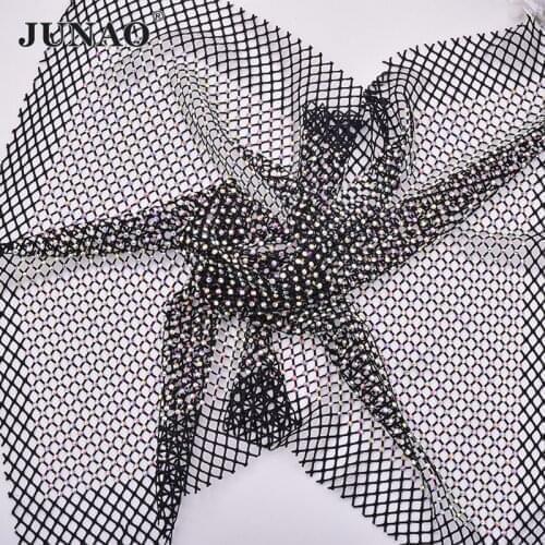 JUNAO 30*40cm Shiny Black AB Glass Rhinestones Net Fabric Sheet Stretch Crystal Mesh Trim Strass Applique For Clothes Crafts