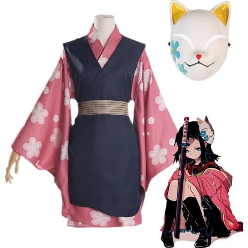 Anime Demon Slayer Makomo Cosplay Costume Kimetsu no Yaiba Kimono Uniform Wig Hair Accessories Set Women Men Halloween Party