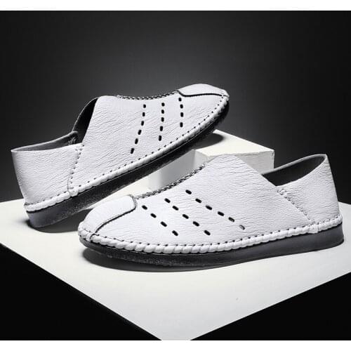 Mens Shoes Casual Hollow Out Breathable Outdoor Shoes Brand Handmade Slip on Flats Retro Comfortable Summer Loafers Black White