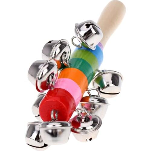 Little Hand Held Bell Stick Wooden with 10 Metal Jingles Ball Colorful Rainbow Percussion Musical Toy for KTV Party Kids Game