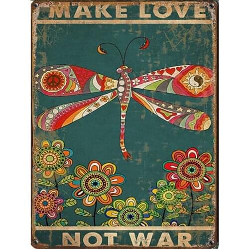 Vintage Dragonfly Tin Sign Let Love Not War Metal Poster Fun Dragonfly Lovers Farm Courtyard Garden Restaurant Kitchen