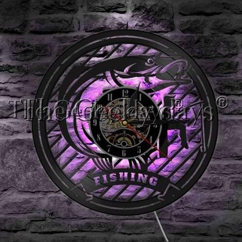 Angling Fishing Rod Hunting Largemouth Fish Modern Wall Lamp Vinyl Record Wall Clock Fisherman Home Decor Gift