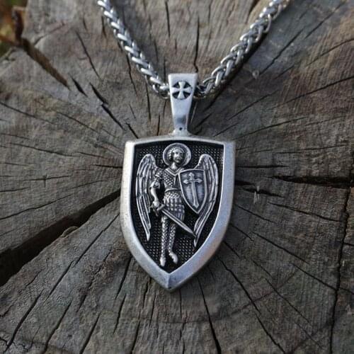 Lanseis 1pcs men necklace Archangel St.Michael Protect us Saint Shield Protection Charm russian orhodox pendant necklace