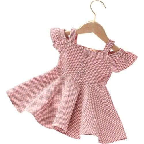 Children Sweet Style Casual Dress Pleated Loose 2 Colors Girls Pink Sling Plaid Dress for Vacation Wear