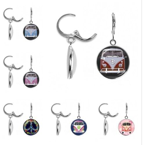 Dropship Vintage Hippie Peace Sign Van Bus Earrings Handmade Glass Cabochon Dome Stud Earrings Jewelry Accessories