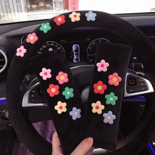 Flower Cute Auto Car Neck Pillow Safety Car Seat Belt Cover Auto Headrest Support Rest Cushion Lovely Car Steering Wheel Cover