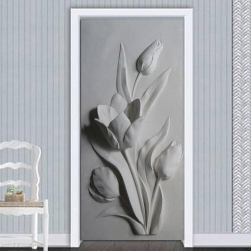 Self-Adhesive Door Sticker European Style 3D Embossed Tulip Flower Wallpaper Living Room Bedroom Home Decor Door Decal Stickers