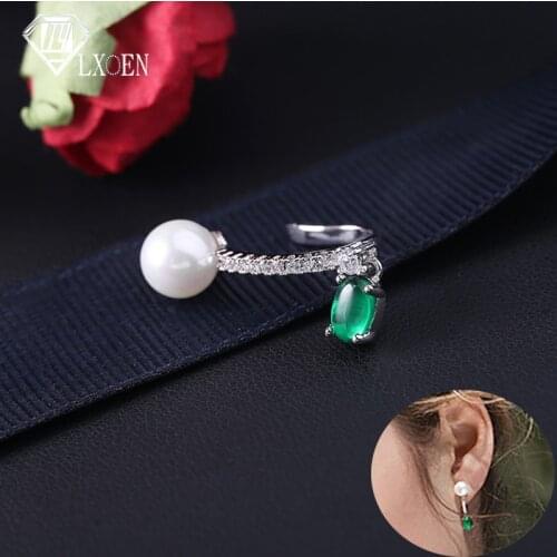 LXOEN Fashion Simulated Pearl Ear Cuff for Girl Green Oval Zirconia Clip Earings Women Silver Color CZ Clips Jewlery Gifts