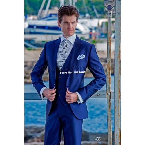 Custom Made Groomsmen Peak Lapel Groom Tuxedos Royal Slim Fit Men Suits Wedding Best Man Blazer ( Jacket+Pants+Vest ) C105