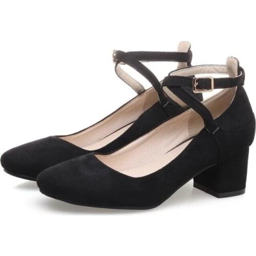 Big Size Ladies high heels women shoes woman pumps One-word buckle Rough-heeled single shoes