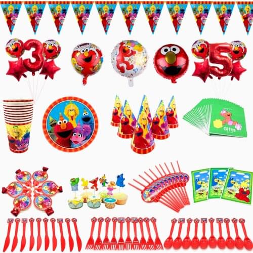 Sesame Street Birthday Party Decoration Elmo Theme Pennant Party Disposable Tableware Paper Plates Cups Birthday Party Supplies