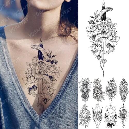 Waterproof Temporary Tattoo Sticker Snake Flower Rose Flash Tattoos Lace Fox Lion Tree Body Art Arm Fake Sleeve Tattoo Women