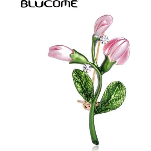 Blucome Exquisite Pink Tulip Flower Shape Brooch Crystal Enamel Brooches For Women Girls Banquet Dress Suit Collar Pins Jewelry