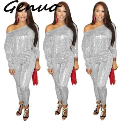 Genuo New Spring 2019 High Quality Women 2-Pieces Solid Long Jumpsuits Bodycon Slash Neck Full Sleeve Lady Hollow Out Jumpsuits