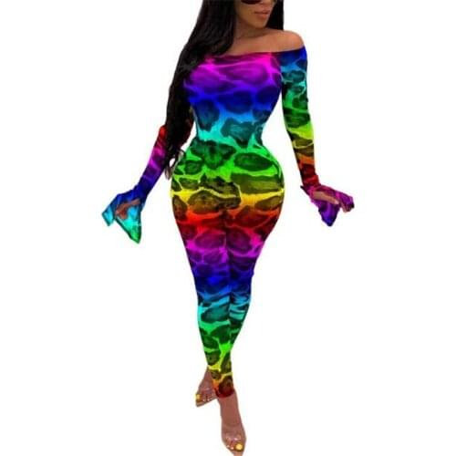 Womens Bodycon Jumpsuit Long-Sleeve Off-the-Shoulder Rompers Skinny Leg Pants One-piece Overalls Leopard Print Club Wear Women