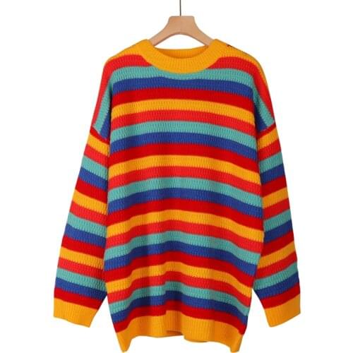 Striped Sweaters Women Rainbow Color Pullovers Ladies O Neck Oversized sweaters Ladies Jumper Fashion Tops Loose Pull Femme