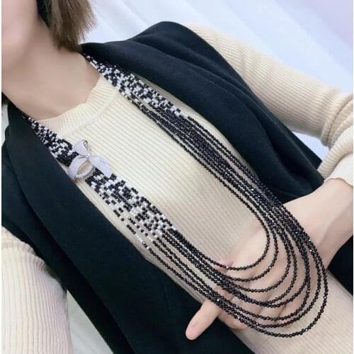 Winter long sweater necklace natural semi-precious stone spinel and fresh water pearl necklace multi layers 925 sterling silver