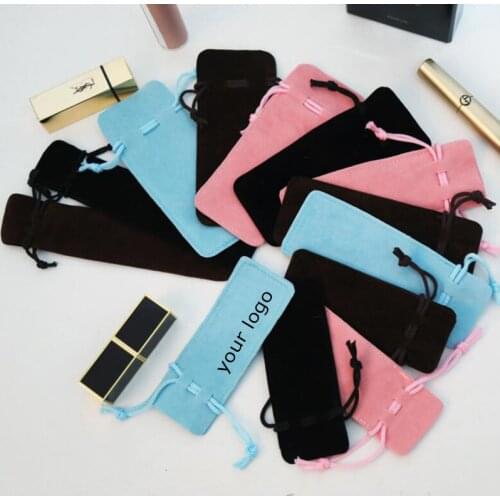 10 50 Customize Logo Printed Drawstring Double Sided Velvet Pouches Pen Lipstick Bag wedding Gift Packaging Bags black pink red