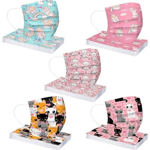 50 Pcs Children Cartoon Cat Print Mask Cosplay Halloween Disposable Face Mask Industrial 3ply Ear Loop Masque Mascarillas Cover