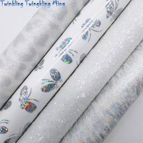 White Chunky Glitter Leather, Iridescent Butterfly Leopard Synthetic Leather Faux leather 21x29CM Twinkling Ming KM484
