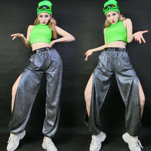 Female Adult Hip Hop Street Dance Costumes Women Jazz Performance Clothing Shiny Sexy Split Pants Modern Stage Wear DNV13061