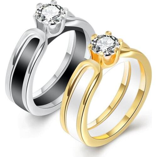 Lokaer 2 layers Black/White Ceramic Crystal Wedding Rings Jewelry AAA Zircon Stainless Steel Rhinestone Engagement